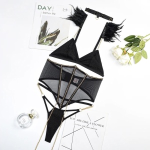 Set lenjerie intima sexy din plasa elastica, corset cu burete, negru, 4 piese #ZZ4938 - Img 2