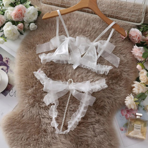 Set lenjerie intima sexy din tul cu decupaje si perle decorative, alb, 2 piese #ZZ4214 - Img 10