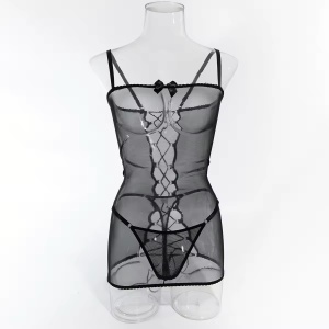 Set lenjerie intima sexy, rochie cu snur reglabil la spate si chilot, negru, 2 piese #ZZ4249 - Img 6
