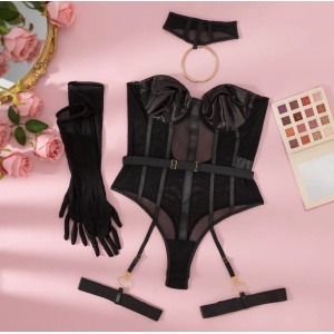 Set lenjerie intima sexy satinata cu choker si manusi lungi, negru, 4 piese #ZZ4235 - Img 7