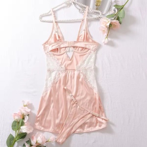Set lenjerie intima sexy satinata cu rochie de noapte si chilot, roz, 2 piese #ZZ4669 - Img 11