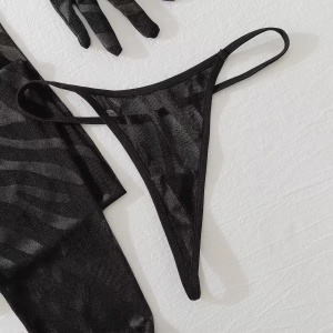 Set lenjerie intima sexy semitransparenta cu imprimeu, negru, 3 piese #ZZ4625 - Img 12