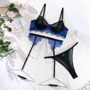 Set lenjerie sexy din dantela cu lanturi decorative, negru/albastru, 4 piese #ZZ4944 - Img 5