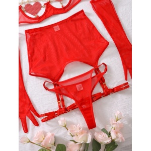 Set lenjerie sexy din dantela fina, cu cristale, lanturi si manusi, rosu, 5 piese#ZZ4956 - Img 12