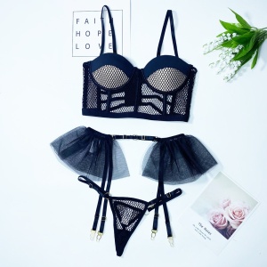 Set lenjerie sexy din plasa si tul, cupe buretate, negru, 3 piese #ZZ4923 - Img 9