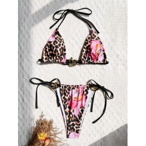 🔥Oferta zilei🔥Costum de baie 2 piese cu imprimeu leopard si accesorii aurii, slip reglabil, multicolor #ZZ2141 - Img 7