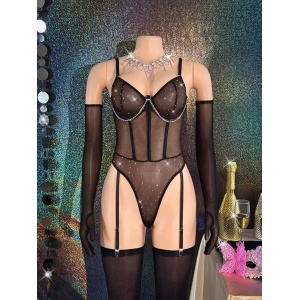 🔥Oferta zilei🔥Set lenjerie intima sexy cu ciorapi si manusi, negru, 3 piese#ZZ4514 - Img 4