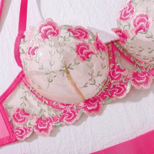 🔥Oferta zilei🔥Set lenjerie intima sexy din dantela brodata cu manusi lungi din catifea , roz neon, 5 piese #ZZ4646 - Img 10