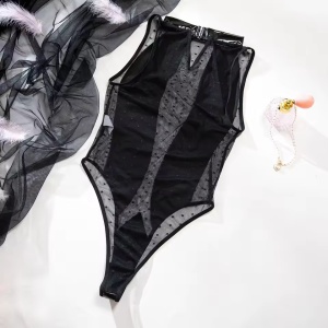 Body sexy cu insertii de piele ecologica si dantela fina, negru #ZZ4144 - Img 3