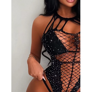 Body sexy elastic cu decupaje si cristale decorative, negru #ZZ4379 - Img 5