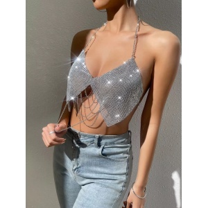 Bustiera metalica tip body chain cu lanturi decorative, argintiu #ZZ4447 - Img 6