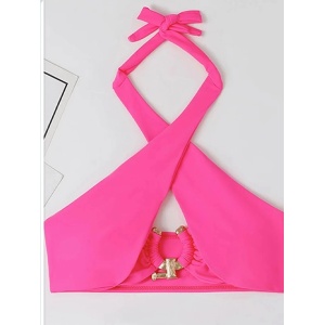 Costum de baie 2 cu catarame metalice aurii la slip si sutien, roz neon #ZZ2112 - Img 8