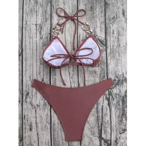 Costum de baie 2 pies cu lanturi aurii decorative, maro #ZZ2855 - Img 5