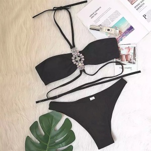 Costum de baie 2 piese, accesoriu detasabil cu cristale, negru #ZZ2749 - Img 8