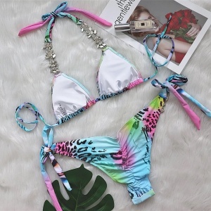 Costum de baie 2 piese animal print cu cristale decorative si slip brzilian, multicolor #ZZ2922 - Img 4