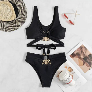 Costum de baie 2 piese cu accesorii metalice aurii, negru #ZZ2045 - Img 2