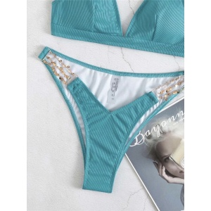 Costum de baie 2 piese cu accesorii metalice decorative, turcoaz #ZZ2726 - Img 5