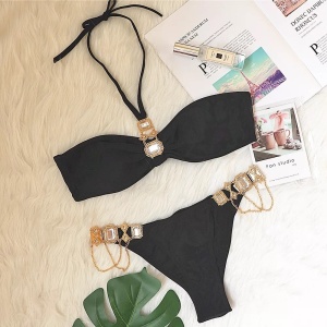 Costum de baie 2 piese cu accesorii metalice si cristale decorative, negru #ZZ2881 - Img 7
