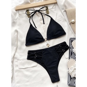 Costum de baie 2 piese cu bretele si cercuri metalice decorative, negru #ZZ2741 - Img 6