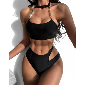 Costum de baie 2 piese cu bustiera si lant metalic auriu, negru #ZZ2017