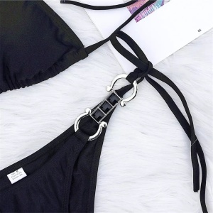 Costum de baie 2 piese cu catarame metalice la slip si sutien, negru #ZZ2853 - Img 8