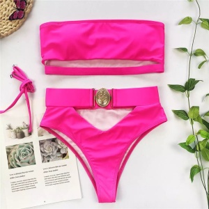 Costum de baie 2 piese cu catarame metalice si slip cu talie inalta, roz fucsia #ZZ2795 - Img 7