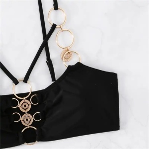 Costum de baie 2 piese cu cercuri metalice decorative la slip si sutien, negru #ZZ2769 - Img 7
