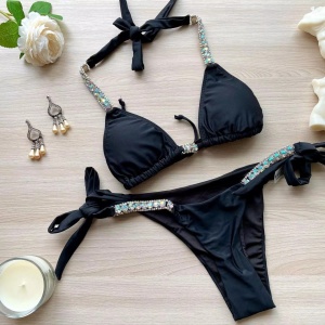 Costum de baie 2 piese cu elemente metalice si cristale decorative la slip si sutien, negru #ZZ2916 - Img 9