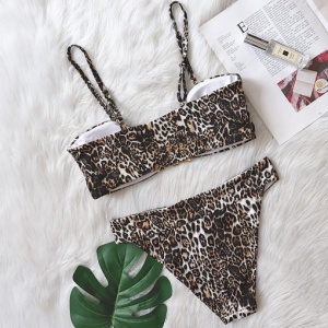 Costum de baie 2 piese cu imprimeu leopard si catarame metalice decorative, maro #ZZ2808 - Img 11