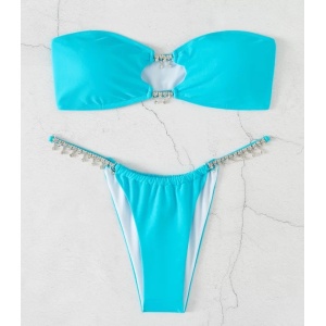 Costum de baie 2 piese cu lantisoare metalice decorative, albastru #ZZ2926 - Img 3