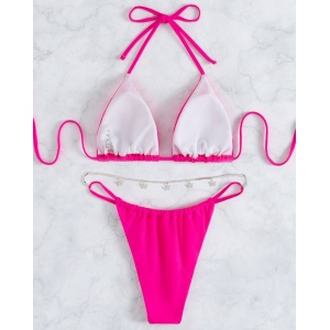 Costum de baie 2 piese cu lantisor decorativ, roz fucsia #ZZ2884 - Img 4