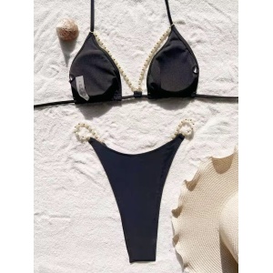 Costum de baie 2 piese cu perle albe decorative la slip si sutien, negru #ZZ2025 - Img 4
