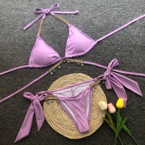 Costum de baie 2 piese cu slip reglabil si cristale decorative, lila #ZZ2835 - Img 5