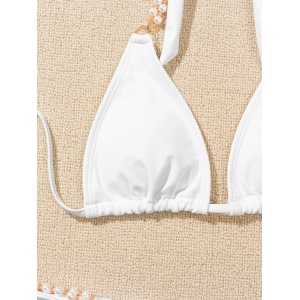 Costum de baie 2 piese cu slip reglabil si perle decorative, alb #ZZ2831 - Img 6