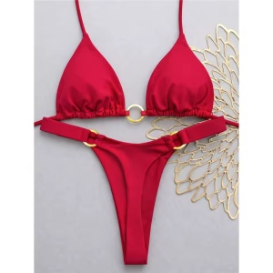 Costum de baie 2 piese cu slip tanga si cercuri metalice aurii, rosu #ZZ2136 - Img 3