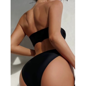 Costum de baie 2 piese cu sutien fără bretele si slip cu talie înaltă, negru #ZZ2102 - Img 2