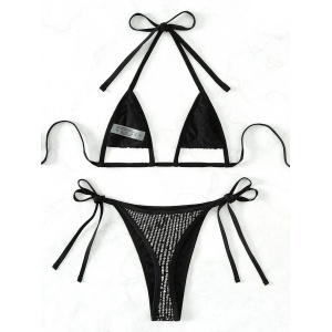 Costum de baie 2 piese metalizat cu decupaje la sutien si paiete aplicate, argintiu/ negru #ZZ2118 - Img 4