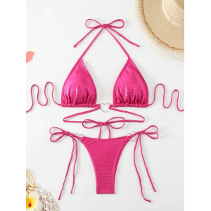 Costum de baie 2 piese metalizat cu inimioare metalice si snururi , roz fucsia #ZZ2100 - Img 9