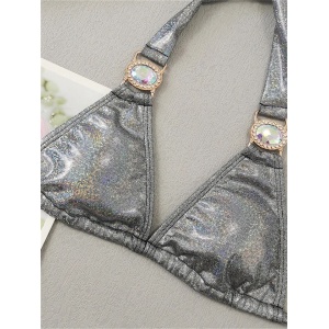 Costum de baie 2 piese metalizat cu slip brazilian si cristale decorative, argintiu #ZZ2115 - Img 10