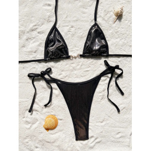Costum de baie 2 piese metalizat, slip tanga reglabil, negru #ZZ2098 - Img 3
