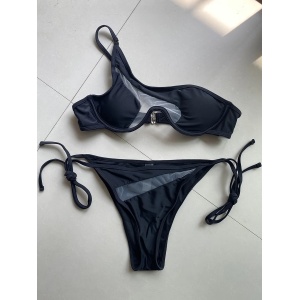Costum de baie 2 piese pe un umar cu insertii de tul si slip reglabil, negru #ZZ2123 - Img 9
