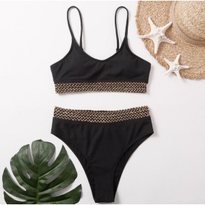 Costum de baie 2 piese reiat, broderie aurie, slip cu talie inalta, negru #ZZ2805 - Img 3