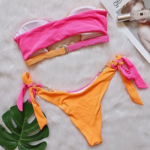 Costum de baie 2 piese reiat, cu decupaj, cristale decorative si slip reglabil, roz/ portocaliu #ZZ2823 - Img 5