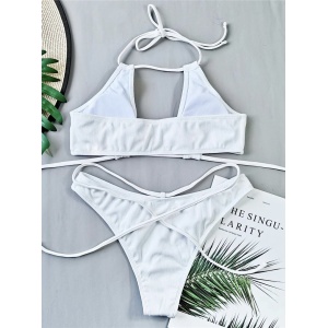 Costum de baie 2 piese reiat cu snururi decorative , alb #ZZ2870 - Img 4
