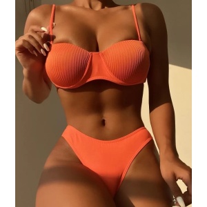 Costum de baie 2 piese reiat, sutien cu push-up , portocaliu #ZZ2871