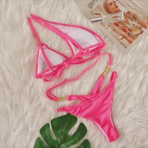 Costum de baie 2 piese reiat, sutien pe un umar, cristale decorative, roz neon #ZZ2137 - Img 7