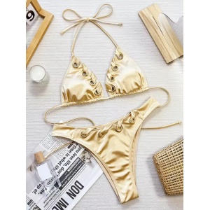 Costum de baie 2 piese satinat cu cercuri metalice si snur decorativ, bej/ auriu #ZZ2058 - Img 4