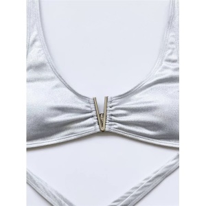 Costum de baie 2 piese sidefat, cu decupaje la slip, argintiu #ZZ2858 - Img 6