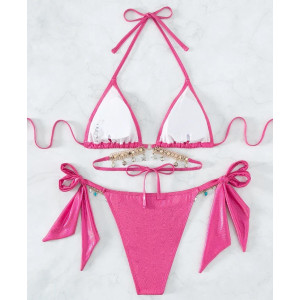 Costum de baie 2 piese sidefat cu slip reglabil si accesorii metalice decorative, roz neon #ZZ2072 - Img 5