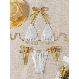 Costum de baie 2 piese sidefat cu snururi aurii decorative la slip si sutien, alb/ auriu #ZZ2821 - Img 3